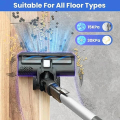 Poweart V870 cordless vacuum cleaner with powerful 30KPa suction cleaning hardwood and tile floors.