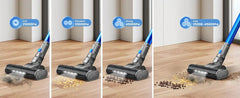 INSE S9X cordless vacuum cleaner stick with LED lights showing four suction modes cleaning different debris on wooden floor.