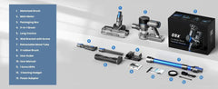 INSE S9X cordless vacuum cleaner kit with motorized brush, main motor, retractable metal tube, V rubber brush, crevice tool, wall bracket, extra HEPA filter, cleaning gadget, power adapter, user guide, and packaging box.