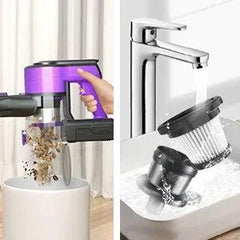 Poweart V870 cordless vacuum cleaner with washable dust cup and filter being emptied and cleaned under a faucet