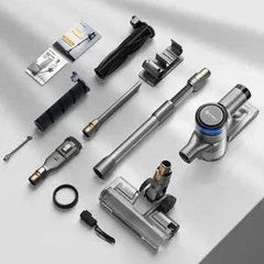 INSE S9 30KPa 400W stick cordless vacuum cleaner with multiple attachments and accessories laid out on a white background