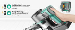 INSE S10K Cordless Vacuum Cleaner handheld with green and gray design, power on/off button, and energy-saving trigger control feature.