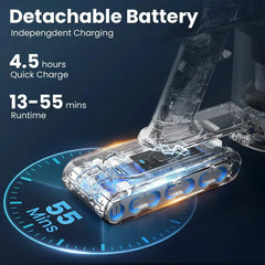 INSE S9 30KPa 400W stick cordless vacuum cleaner with detachable battery offering 13-55 minutes runtime and quick 4.5-hour charge.