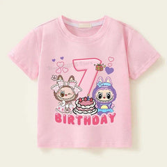 Pink Labubu Birthday T Shirt for girls with cartoon characters, number 7, and birthday cake design, short sleeve cotton toddler tee