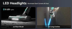 INSE S10K Cordless Vacuum Cleaner with 5 LED headlights illuminating floor brush and long crevice for efficient cleaning.