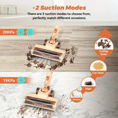 Cordless vacuum cleaner with 2 suction modes for cleaning coffee beans, cat litter, hair, and residue on various floor surfaces.