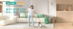 Woman using INSE S10K cordless vacuum cleaner with 28KPa suction and 1.2L dustcup on carpet in modern living room