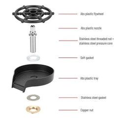 Household stainless steel and ABS plastic high-pressure cup washer parts with flywheel, nozzle, threaded rod, gasket, tray, and copper nut components.