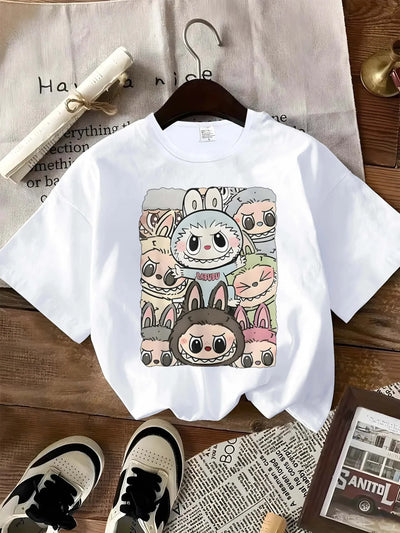 White women's casual T-shirt with cute Labubu cartoon design on front, suitable for all seasons and sportswear.