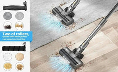 INSE S9 30KPa 400W stick cordless vacuum cleaner with two rollers for carpet and hardwood floor cleaning, powerful suction on rug and wood floor.