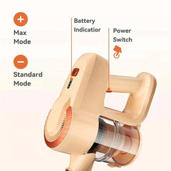 Compact beige cordless vacuum cleaner with battery indicator, power switch, and dual operating modes for home and car cleaning