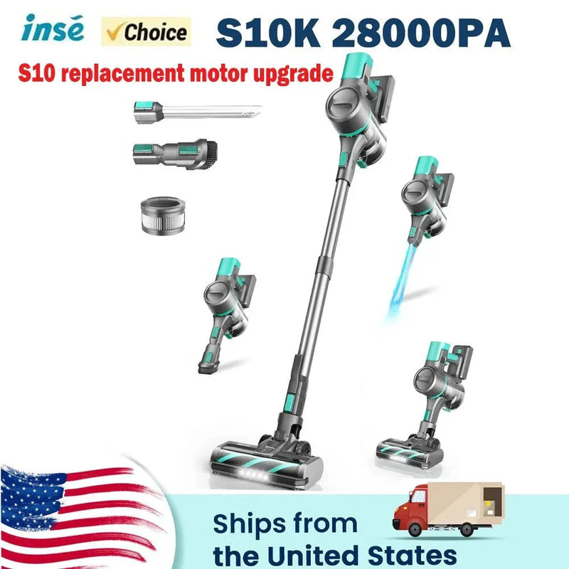INSE S10K cordless vacuum cleaner with 28KPA suction, multiple attachments, and upgraded motor for efficient home and carpet cleaning