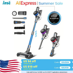 INSE S9X Cordless Vacuum Cleaner with LED display, detachable battery, 4 suction modes, and multiple brush attachments.
