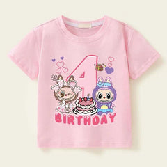 Pink Labubu Birthday T Shirt for girls with cartoon characters, number 4, and birthday cake print, short sleeve cotton toddler tee
