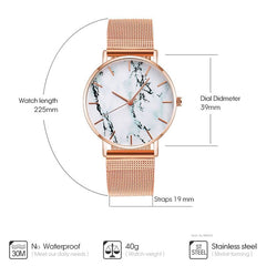Rose Gold Mesh Band watch with marble dial, 39mm case diameter, 19mm strap width, and adjustable 225mm length, stainless steel mesh strap.