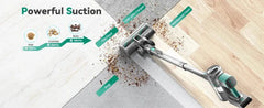 INSE S10K cordless vacuum cleaner with powerful 28Kpa suction cleaning hair, crumbs, and nuts on tile, carpet, rug, and hardwood floors.