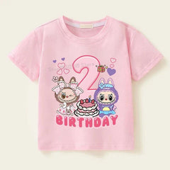 Pink Labubu Birthday T Shirt for toddlers with cartoon characters and number 2 print