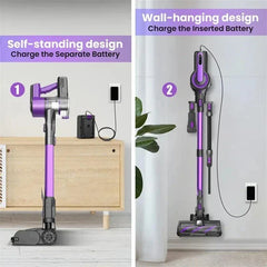 Poweart V870 cordless vacuum cleaner in purple with self-standing and wall-hanging charging designs for versatile home cleaning.