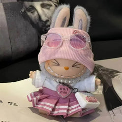 Stylish transparent candy-colored sunglasses【Labubu Glasses】worn by a 15cm Labubu doll with pink outfit and bunny ears hat.