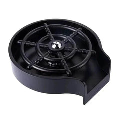 Black automatic glass cup washer with circular rotating spray arms for high-pressure cleaning in kitchen and bar use