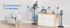 INSE S9X Cordless Vacuum Cleaner showing three charging methods and two storage options in a modern living room setting.