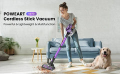 Woman using purple Poweart V870 Cordless Vacuum Cleaner to clean floor with dog nearby in living room.