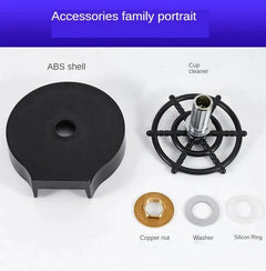 Automatic glass cup washer components including ABS shell, cup cleaner, copper nut, washer, and silicon ring.