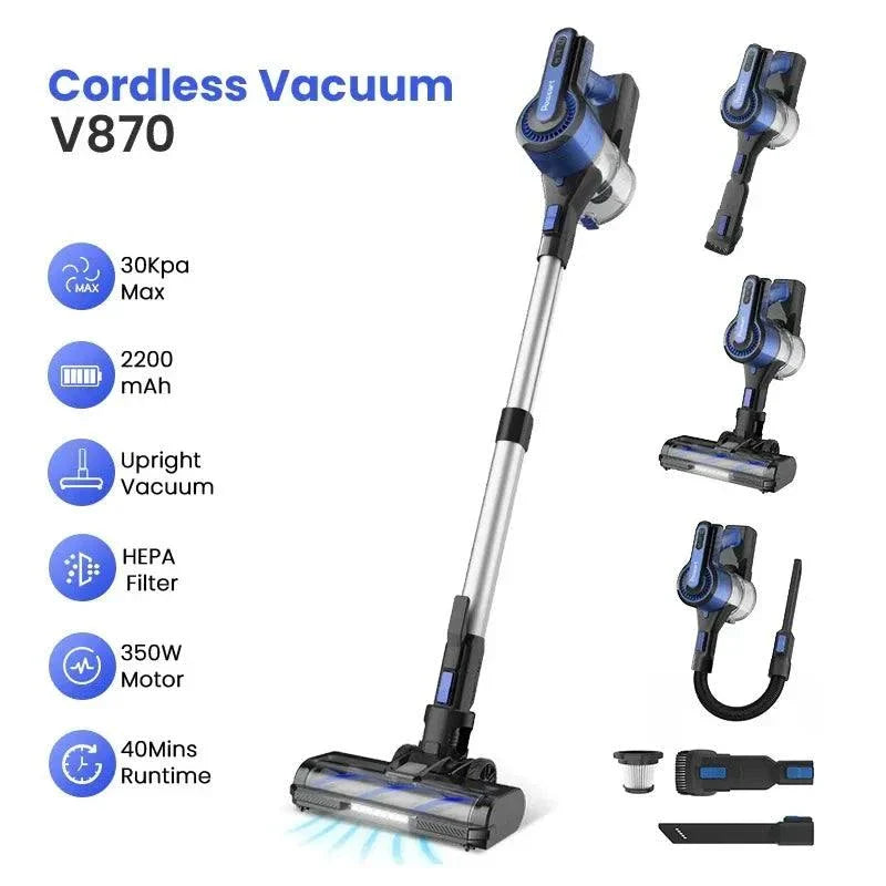 Poweart V870 cordless stick vacuum cleaner with 30KPa suction, 350W motor, HEPA filter, 40 minutes runtime, and multiple attachments for versatile home and car cleaning.