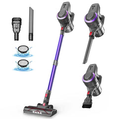 INSE N300 cordless vacuum cleaner with multiple attachments, purple stick design, and washable HEPA filters for home and car cleaning.