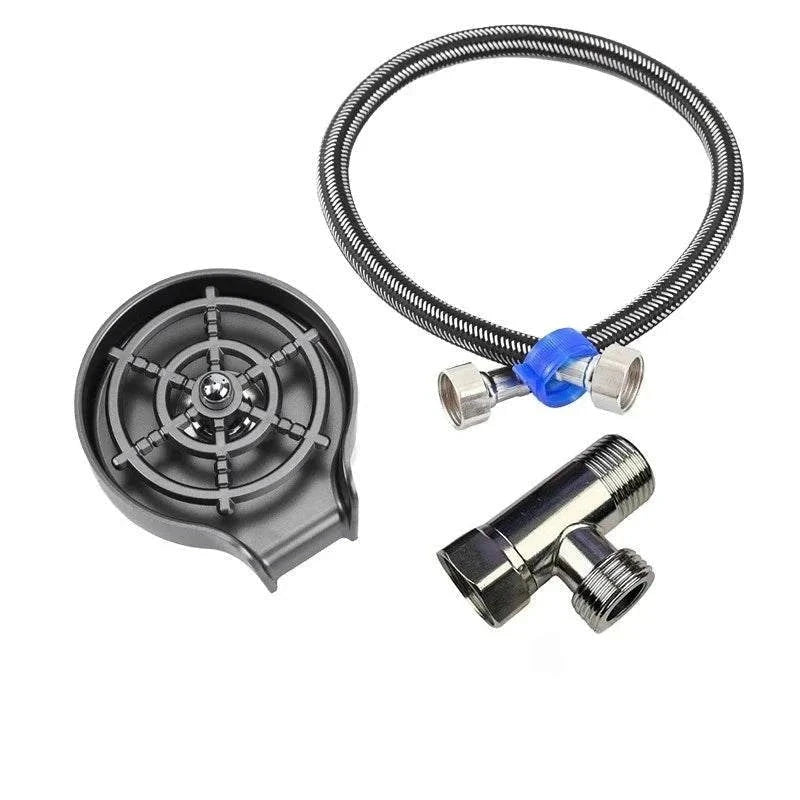 Household stainless steel kitchen sink cup washer with ABS plastic and flexible hose.