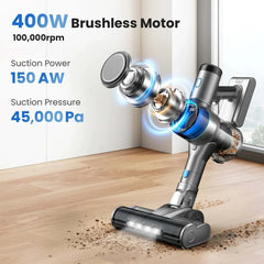 INSE S9X cordless vacuum cleaner with 400W brushless motor, 45KPa suction, and LED lights cleaning wooden floor debris