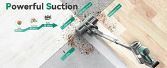 INSE S10K Cordless Vacuum Cleaner powerful suction cleaning hair, crumbs, nuts on tile, carpet, rug, and hardwood floor surfaces.