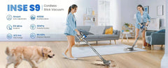 Woman using INSE S9 30KPa 400W cordless stick vacuum cleaner to clean hardwood floor and rug with pet dog nearby, highlighting powerful suction and long runtime.
