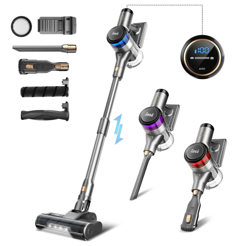 INSE S9 30KPa 400W cordless stick vacuum cleaner with multiple nozzles and LED display for deep cleaning hardwood floors, carpets, and pet hair.