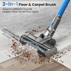 INSE S9X cordless vacuum cleaner with 2-in-1 floor and carpet brush cleaning debris on hard floor and low pile carpet.