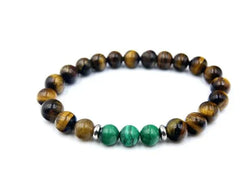 Natural Malachite Tiger Eye beaded bracelet with green malachite and brown tiger eye stones and stainless steel accents