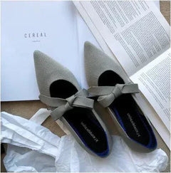 Gray flat casual boat shoes with pointed toes and bow detail, Mary Jane style on a white textured background with open books.