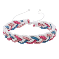 Handwoven cotton string bracelet with pink, blue, and white braided design and adjustable closure