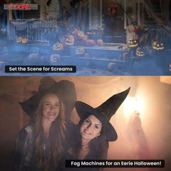 5 Core Fog Smoke Machine creating dense fog with colorful LED lights for Halloween party ambiance