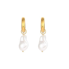 Gold-plated chunky hoop water drop earrings with removable baroque-style pearl charms