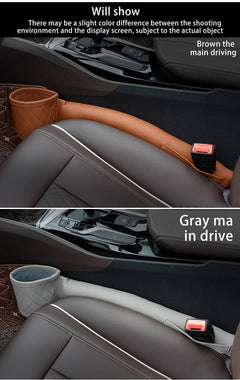 Leather car seat gap filler organizer in brown and gray PU leather, designed to prevent items from falling between seat and console and provide extra storage.