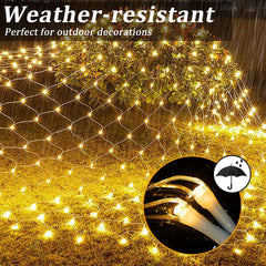 Weather-resistant Net Mesh Solar Fairy Lights glowing warmly on outdoor grass during rain, showcasing durable and waterproof LED design.