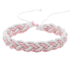 Handwoven cotton string bracelet in pink and white braided design, adjustable and artistic style.