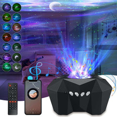 Northern Lights Star Projector casting colorful aurora and starry night effects with remote control and smartphone app in a cozy room setting