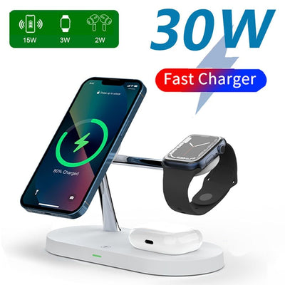 3-in-1 Magsafe Charger Stand charging iPhone, Apple Watch, and AirPods Pro simultaneously with 30W fast wireless power delivery