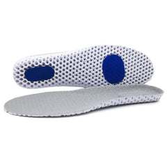 Memory foam insoles with honeycomb mesh design and blue heel and arch support pads for breathable comfort and shock absorption in sports shoes.