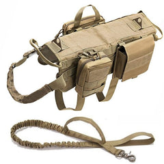 Tactical military dog harness with durable khaki fabric, adjustable straps, padded interior, and matching heavy-duty leash.
