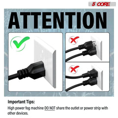 5 Core Fog Smoke Machine power plug safety instructions with proper outlet usage illustration