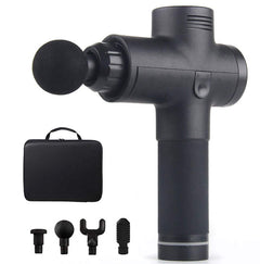 Tissue Muscle Massage gun with ergonomic grip and four interchangeable heads for deep tissue relief and muscle recovery, including a portable carrying case.