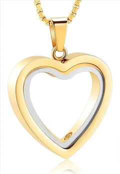 Heart-shaped two-tone gold Heartfelt Remembrance pendant on chain, elegant keepsake jewelry for memorializing loved ones